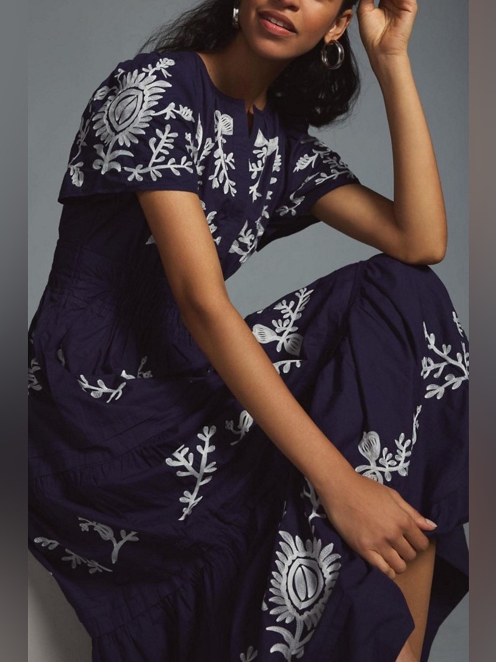 Anthropologie Somerset Embroidered Navy White Boho Dress Large - Picture 3 of 8